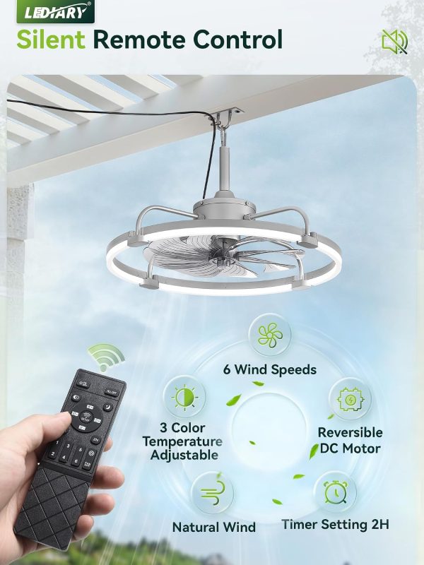 windphoto 24" Waterproof Grey Outdoor Ceiling Fan with Light for Gazebo | IP65 Wet Rated,APP Control,6-Speeds,3CCT Dimmable,Reverse DC Motor,Suitable for 12' x 14' Area,Plug In for Patio,Porch