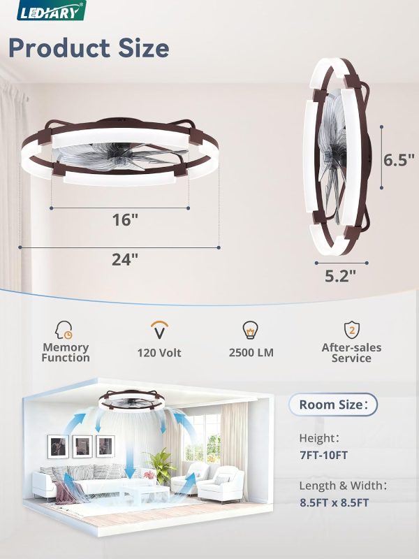 windphoto 24" Ceiling Fans with Lights, Low Profile Fandelier for Bedroom | Flush Mount Fan Light, Stepless Dimmable, App/Remote Control, 3 CCT Led, 6 Speeds, Quiet Reversible DC Motor, Brown