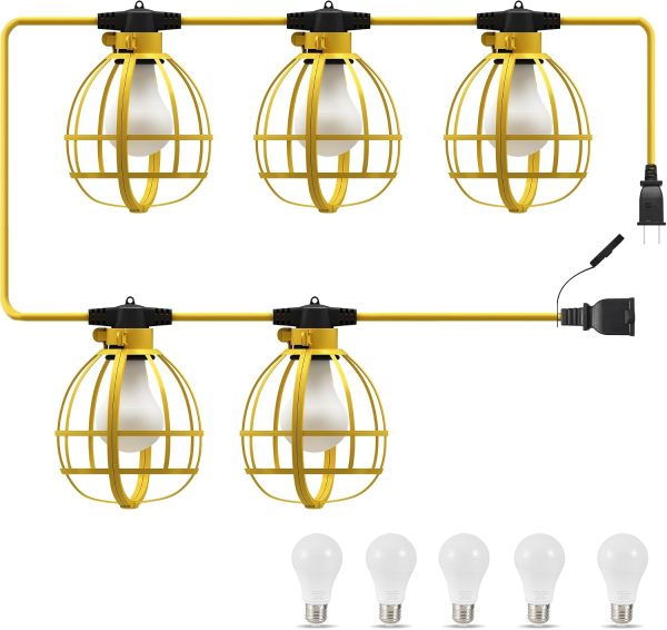 windphoto 50FT Construction String Lights, 5 Bulbs 50W 5250LM Work Lights | with 5 Medium Base Sockets, Linkable Construction Lights, Weatherproof Commercial-Grade Temporary Lighting for Indoor&Outdoor