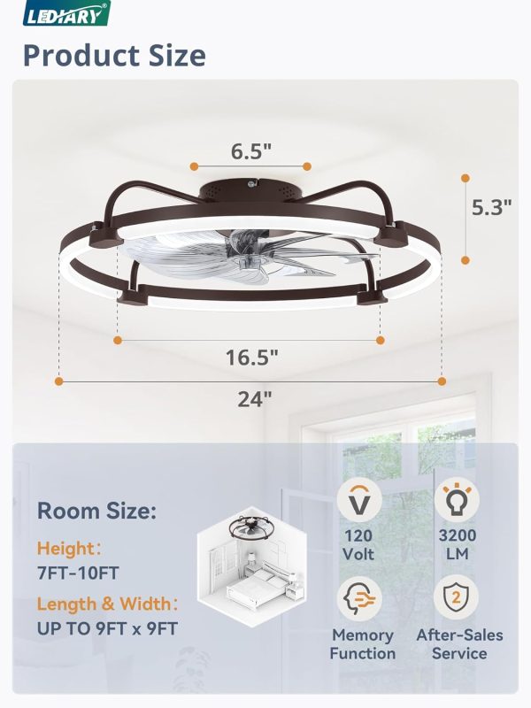 windphoto 24" Ceiling Fans with Lights and Remote, Low Profile Led Fan Light | Flush Mount, Stepless Dimmable Fandelier, 6 Speeds, 3 CCT, Quiet Reversible DC Motor, 2H Timer, Bedroom, Living Room, Brown