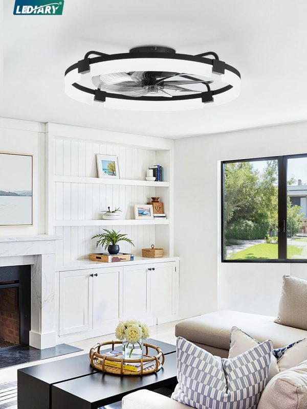 windphoto 24" Ceiling Fans with Lights, Low Profile Fandelier for Bedroom | Flush Mount Fan Light, Stepless Dimmable, App/Remote Control, 3 CCT Led, 6 Speeds, Quiet Reversible DC Motor, Black