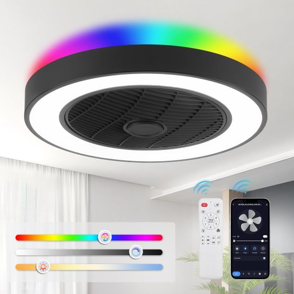 71yfcy95wJL._AC_SL1500_.jpg windphoto 20 Inch Low Profile Bladeless LED Ceiling Fan Light, Black RGB | Flush Mount, Modern, 6 Speed Adjustable, 3000-6000K Dimmable, 3000LM, Indoor Bedroom Living Room, Remote/APP Control