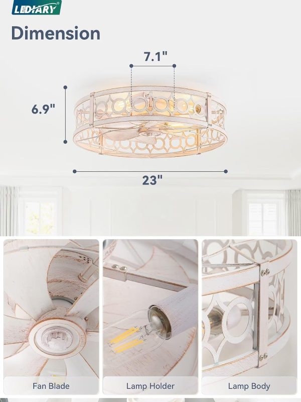 71z46LN2ebL._AC_SL1500_.jpg windphoto 23 Inch Caged Flush Mount Ceiling Fans with Lights, White Gold | Low Profile, Farmhouse, Bladeless Enclosed Fandelier, Small, 6 Speed, Quiet Powerful DC, Bedroom, Kitchen, Living Room,