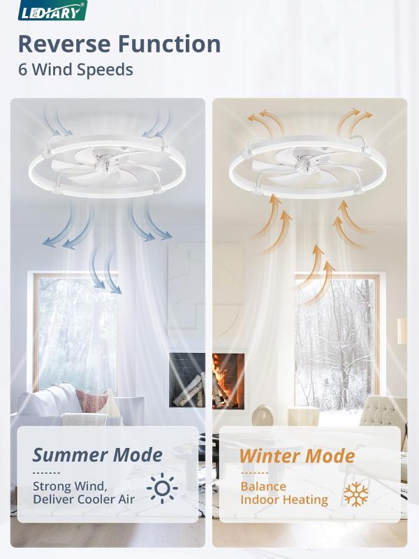 windphoto 26" Ceiling Fans with Lights and Remote, Low Profile Led Fan Light | Flush Mount, Stepless Dimmable Fandelier, 6 Speeds, 3 CCT, Quiet Reversible DC Motor, 2H Timer, Bedroom, Living Room, White