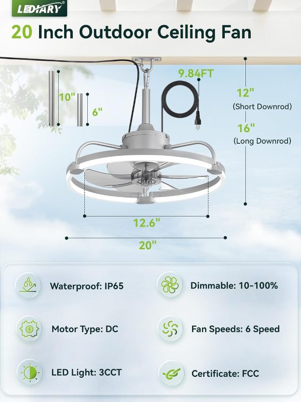 windphoto 20" Waterproof Grey Outdoor Ceiling Fan with Light for Gazebo | IP65 Wet Rated,APP Control,6-Speeds,3CCT Dimmable,Reverse DC Motor,Suitable for 10' x 12' Area,Plug In for Patio,Porch