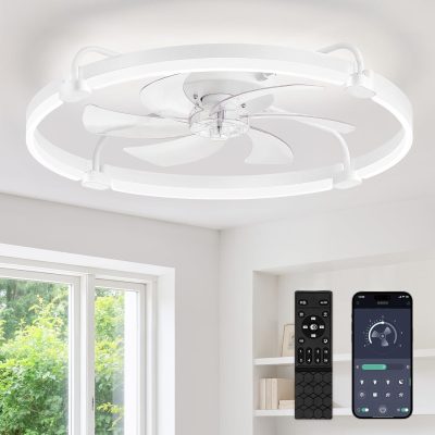windphoto 26" Ceiling Fans with Lights and Remote, Low Profile Led Fan Light | Flush Mount, Stepless Dimmable Fandelier, 6 Speeds, 3 CCT, Quiet Reversible DC Motor, 2H Timer, Bedroom, Living Room, White