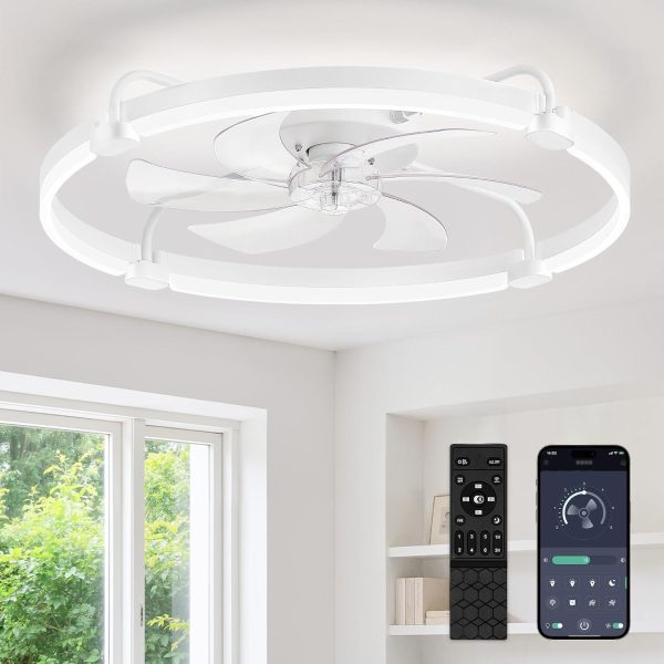 windphoto 26" Ceiling Fans with Lights and Remote, Low Profile Led Fan Light | Flush Mount, Stepless Dimmable Fandelier, 6 Speeds, 3 CCT, Quiet Reversible DC Motor, 2H Timer, Bedroom, Living Room, White