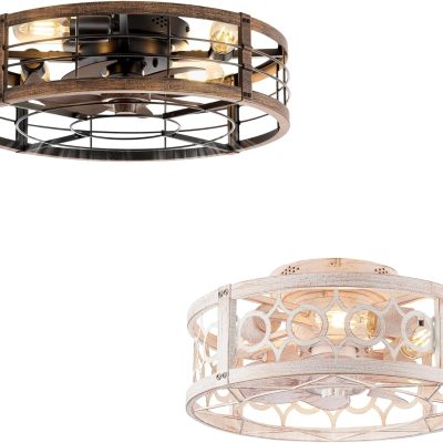 windphoto Caged Ceiling Fan with Light and Remote, Small Low Profile Ceiling Fans with Lights, 6 Speed and Reversible Farmhouse Flush Mount Ceiling Fan for Bedroom, Kitchen, Living room