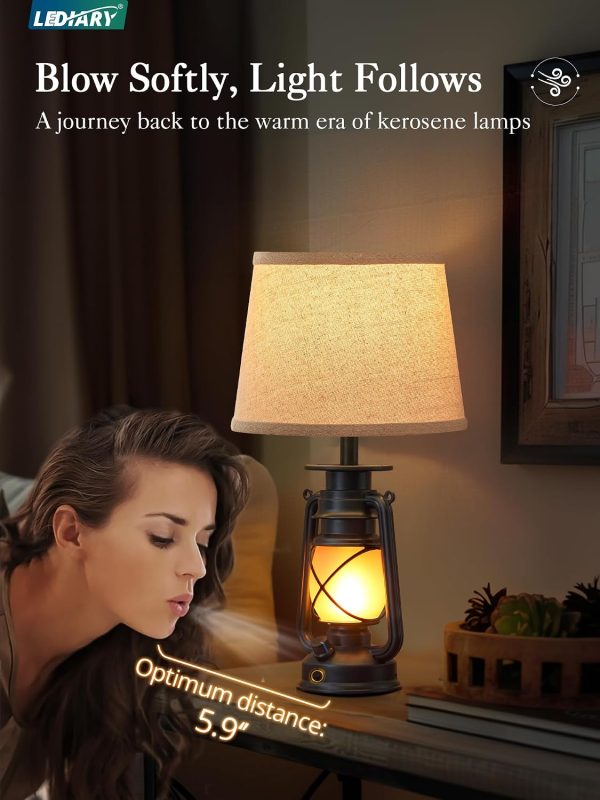 windphoto 18.72" Blow-Controlled LED Lantern Flickering Flame Table Lamps for Bedrooms Set of 2, Small Farmhouse Rustic Black End Table Lamps, Halloween Decorative Lantern Bedside Lamps for Living Room