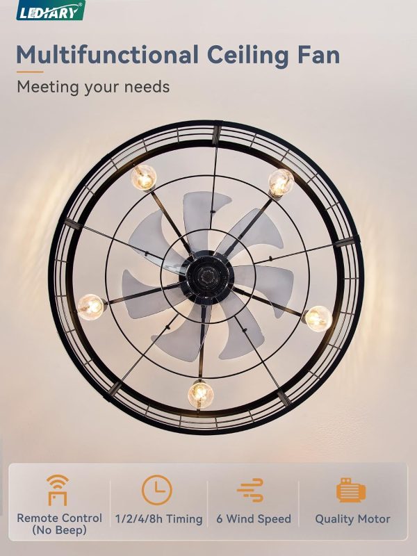 windphoto 30 inch Fandelier Caged Ceiling Fan with Light and Remote, Black | 6 Speed Adjustable,Timing, Quiet & Powerful DC, Large, Farmhouse, Industrial, Enclosed, Bladeless, Bedroom, Kitchen, Downrod