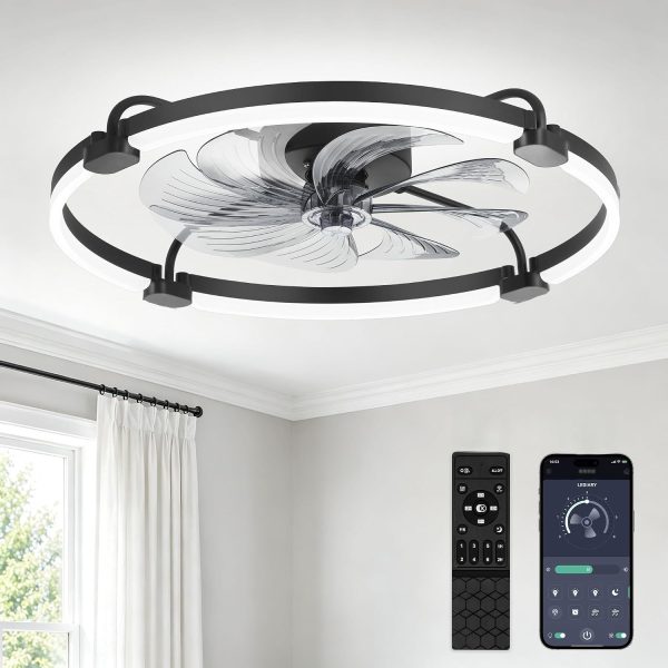 windphoto 24" Low Profile Ceiling Fans with Lights, Remote/APP Control, Black | Wider Airflow, Stepless Dimmable LED, Quiet Reversible DC Motor, 6 Speeds, 3CCT, Timer, Bedroom, Living Room, Kitchen