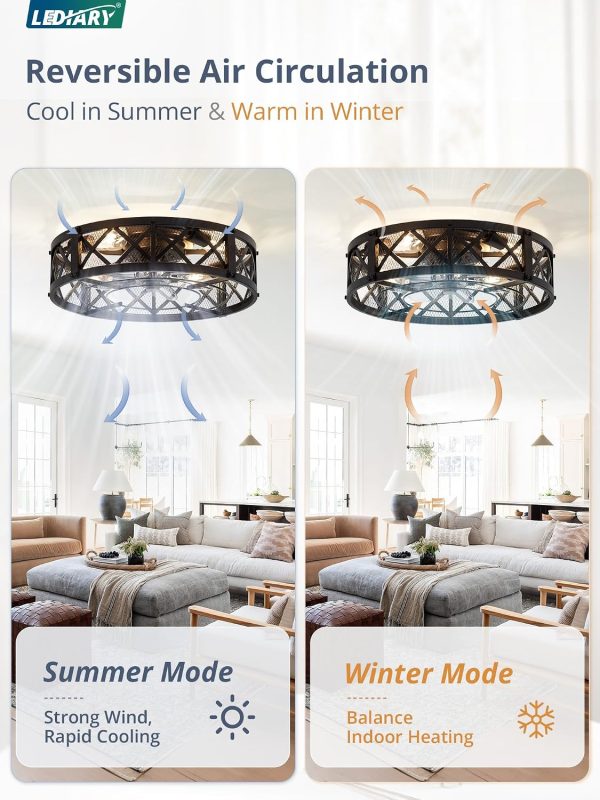 windphoto 20" Caged Farmhouse Ceiling Fan with Light, Flush Mount, Black | Remote&APP Control, Small Low Profile, Rustic Fandaliers, Industrial Bladeless Enclosed, Powerful Motor for Bedroom, Kitchen