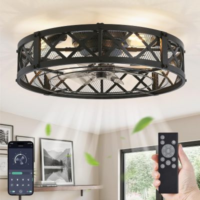81-FnNRmxEL._AC_SL1500_.jpg windphoto 23" Caged Farmhouse Ceiling Fan with Light, Flush Mount, Black | Remote&APP Control, Large Low Profile, Rustic Fandaliers, Industrial Bladeless Enclosed, Powerful Motor for Bedroom, Kitchen
