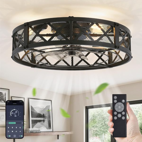 windphoto 23" Caged Farmhouse Ceiling Fan with Light, Flush Mount, Black | Remote&APP Control, Large Low Profile, Rustic Fandaliers, Industrial Bladeless Enclosed, Powerful Motor for Bedroom, Kitchen