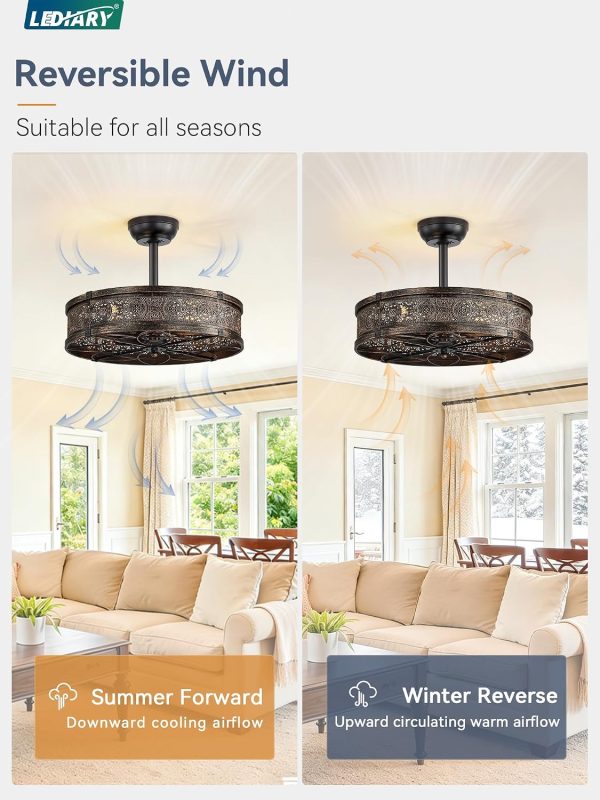 81-LgHjAZTL._AC_SL1500_.jpg windphoto 20" Caged Farmhouse Victorian Ceiling Fan with Light, Black Gold | Downrod, Bladeless Enclosed Fandelier, 6 Speed, Quiet Powerful DC, Rustic,Vintage, Rustic, Small, Bedroom, Kitchen