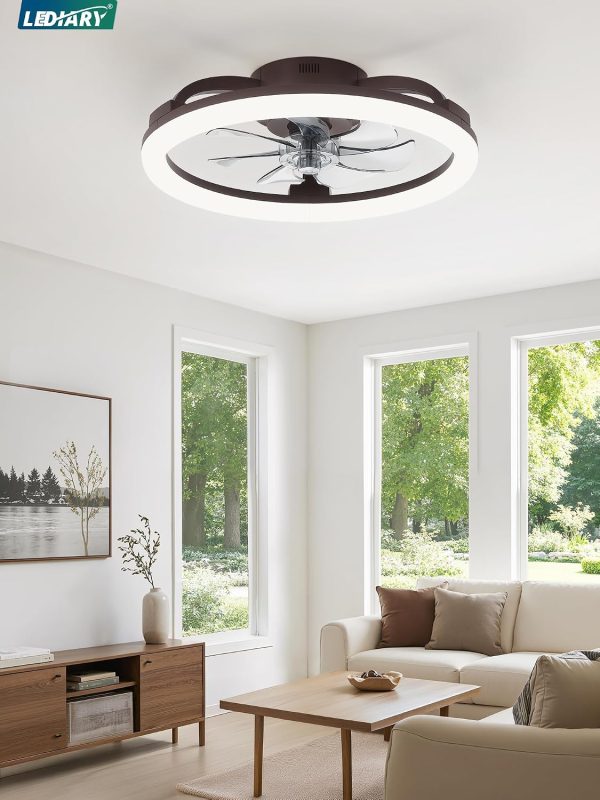 windphoto 20" Ceiling Fans with Lights and Remote for Bedroom, Brown | Low Profile Fan Light, 3000K-6000K Stepless Dimmable Fandelier, 6 Speed, Reversible DC Motor, APP & Remote Control, Low Noice