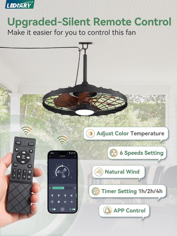 windphoto 24" Outdoor IP65 Waterproof Plug in Ceiling Fan with Lights | 6 Speeds,3CCT,Quiet,Timer,Remote Control,Smart App,DC motor,Reversible,Caged Design,ABS Material,Gazebo,Patio,Porch,Pergola