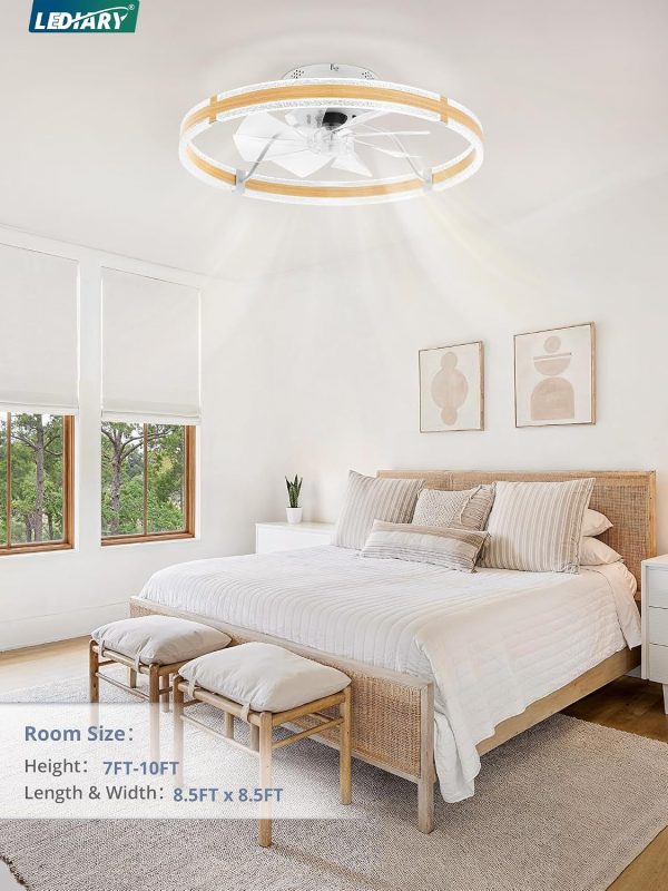 windphoto 24'' Low Profile Ceiling Fans with Lights and Remote, Wood Grain | 3000-6000K Dimmable LED, 6 Wind Speeds, Quiet Reversible DC Motor, Small Flush Mount Fandelier for Bedroom, Living Room