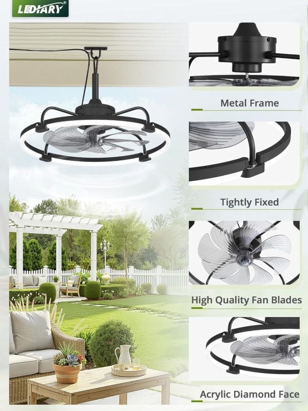 windphoto 24" Waterproof Black Outdoor Ceiling Fan with Light for Gazebo | IP65 Wet Rated,APP Control,6-Speeds,3CCT Dimmable,Reverse DC Motor,Suitable for 12' x 14' Area,Plug In for Patio,Porch