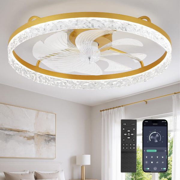 windphoto 24" Low Profile Ceiling Fans with Light and Remote, Fandelier Gold | Reversible Airflow, 3000-6000K Dimmable LED, 6 Speeds, DC Motor, Memory, Timer, Flush Mount, Bedroom, Living Room, Kitchen