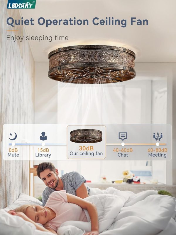 8109ROFmY6L._AC_SL1500_.jpg windphoto 20" Caged Farmhouse Ceiling Fan and Light with Remote, Black Gold | Flush Mount, Bladeless Enclosed Fandelier, 6 Speed, Quiet Powerful DC, Rustic,Vintage, Rustic, Small, Bedroom, Kitchen