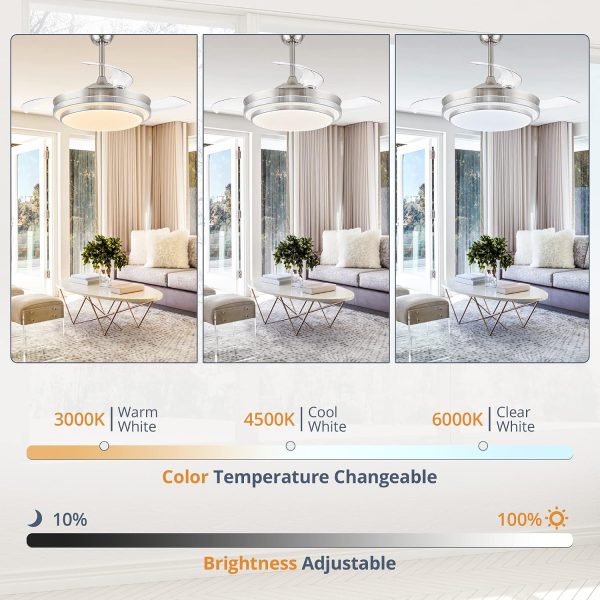 windphoto 42 Inch Retractable Ceiling Fans with Lights and Remote | Fandelier Ceiling Fans with LED Light, Modern Ceiling Fan, Stepless Color Changeable, Dimmable, Timer Setting, Brush Nickel