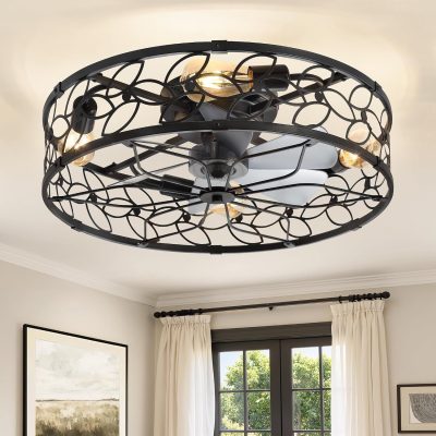 810REW8q94L._AC_SL1500_.jpg windphoto 23" Caged Ceiling Fan with Light, Flush Mount Fandalier with Remote | Low Profile, Farmhouse Large, Bladeless Industrial, Quiet DC Motor, App Control for Bedroom, Kitchen, Dining Room, Black