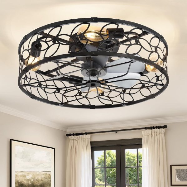 810REW8q94L._AC_SL1500_.jpg windphoto 23" Caged Ceiling Fan with Light, Flush Mount Fandalier with Remote | Low Profile, Farmhouse Large, Bladeless Industrial, Quiet DC Motor, App Control for Bedroom, Kitchen, Dining Room, Black
