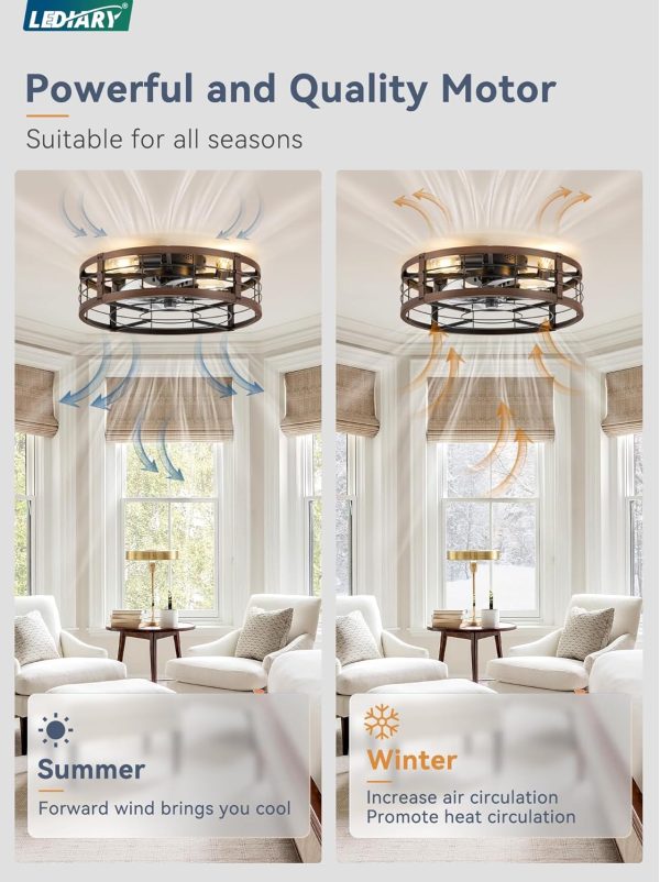 windphoto 20" Walnut Caged Low Profile Ceiling Fan with Light and Remote | Flush Mount, Bladeless Enclosed Fandelier, 6 Speed, Quiet Powerful DC, Rustic,Farmhouse, Small, Bedroom, Kitchen, Indoor