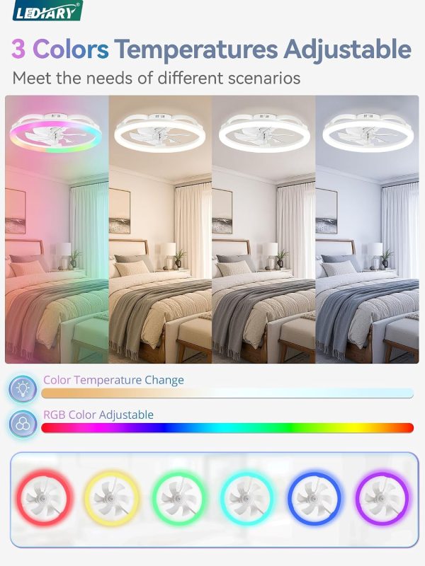 811U2OoHNoL._AC_SL1500_.jpg windphoto 23" Ceiling Fans with Lights and Remote for Bedroom, White | RGB Low Profile Fan Light, 3000K-6000K Stepless Dimmable, 6 Speed, Reversible DC Motor, APP & Remote Control, Low Noice