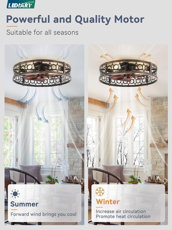 811v4ucswyL._AC_SL1500_.jpg windphoto 23 Inch Caged Flush Mount Ceiling Fans with Lights, Black Gold | Low Profile, Farmhouse, Bladeless Enclosed Fandelier, Small, 6 Speed, Quiet Reversible DC, Bedroom, Kitchen, Living Room,