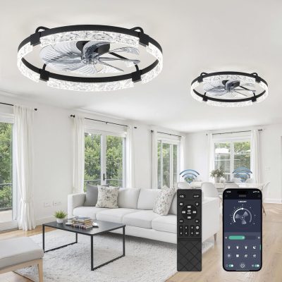 windphoto 2-Pack 24" Ceiling Fans with Lights, APP & Remote, Black | Low Profile, Flush Mount, Fandelier, 3000K-6000K, Dimmable LED, for Bedroom