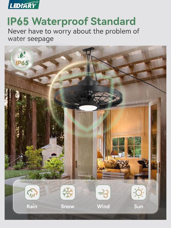 windphoto 20" Outdoor IP65 Waterproof Plug in Ceiling Fan with Lights | 6 Speeds,3CCT,Quiet,Timer,Remote Control,Smart App,DC motor,Reversible,Caged Design,ABS Material,Gazebo,Patio,Porch,Pergola