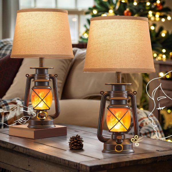812BcX6g6jL._AC_SL1500_.jpg windphoto 18.72" Farmhouse LED Lantern Flickering Flame Table Lamps Set of 2 | Small Rustic Bronze End Table Lamps, Blow-Controlled , Halloween Decorative, Bedside for Living Room, Bedroom