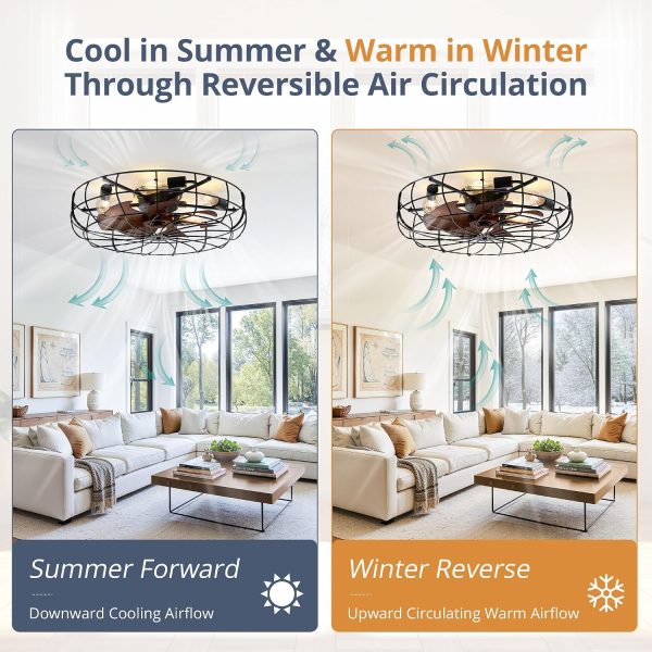 windphoto 26" Caged Farmhouse Ceiling Fans with Lights and Remote/App, Black | Flush Mount Bladeless Low Profile, Fandalier Large Rustic, Industrial Enclosed, Quiet & Powerful for Bedroom, Kitchen, Indoor