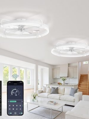 windphoto 2 Pack 24" Ceiling Fans with Lights and Remote, Low Profile | Flush Mount, Stepless Dimmable Fandelier, 6 Speeds, 3 CCT, Quiet Reversible DC Motor, 2H Timer, Bedroom, Living Room, White