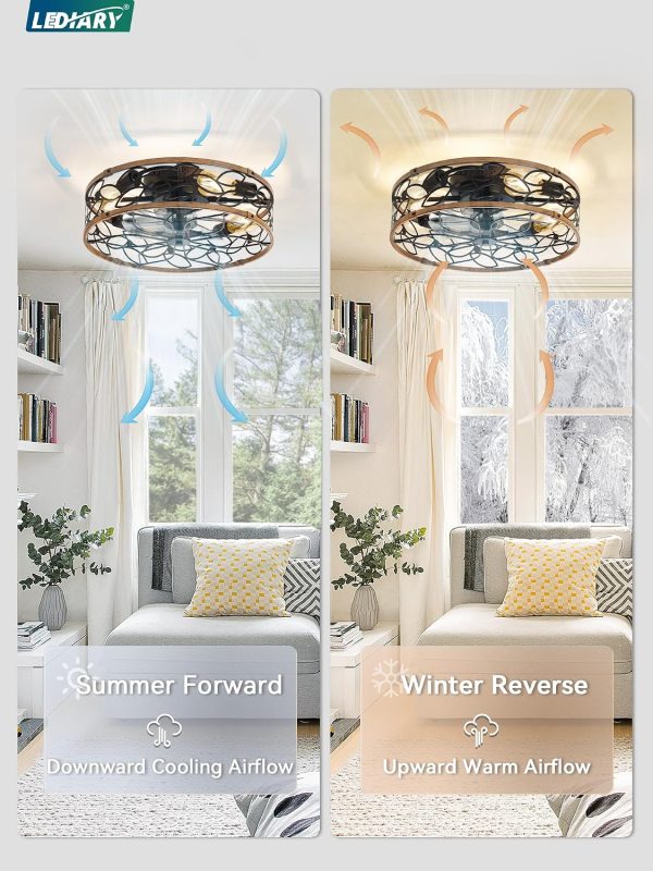 8135M6-9e4L._AC_SL1500_.jpg windphoto 20" Caged Ceiling Fan with Light, Flush Mount Fandalier with Remote | Low Profile, Farmhouse Small, Bladeless Industrial, Quiet DC Motor, App Control for Bedroom, Kitchen, Dining Room, Walnut
