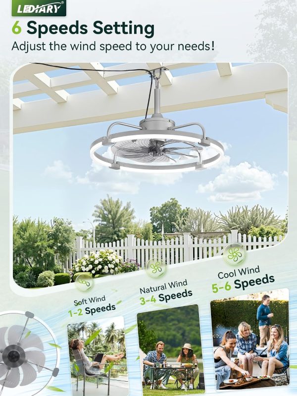 windphoto 24" Waterproof Grey Outdoor Ceiling Fan with Light for Gazebo | IP65 Wet Rated,APP Control,6-Speeds,3CCT Dimmable,Reverse DC Motor,Suitable for 12' x 14' Area,Plug In for Patio,Porch