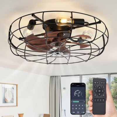 813IpOxEkAL._AC_SL1500_.jpg windphoto 23" Caged Farmhouse Ceiling Fans with Lights and Remote/App, Black | Flush Mount Bladeless Low Profile, Fandalier Large Rustic, Industrial Enclosed, Quiet & Powerful for Bedroom, Kitchen, Indoor