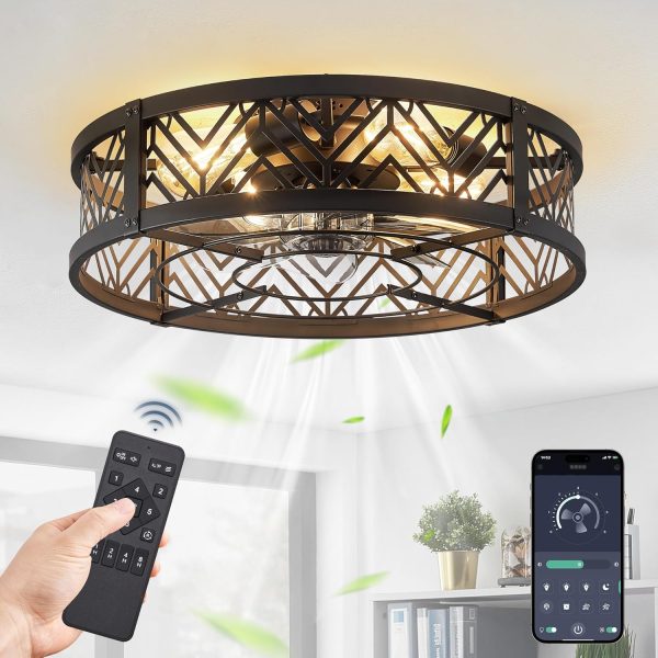813Q98DMFFL._AC_SL1500_.jpg windphoto 20" Caged Ceiling Fan with Light and Remote, Small Fandalier, Black | Flush Mount Low Profile, APP Control, Bladeless Industrial Enclosed, Quiet & Powerful for Bedroom, Kitchen, Dining Room