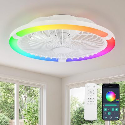 813YhazRhCL._AC_SL1500_.jpg windphoto 20" Low Profile Bladeless Ceiling Fan with RGB, Remote&APP, White | Flush Mount, 6 Speed Adjustable, 3000-6000K Dimmable LED, Modern Enclosed Fandelier with Timming, Bedroom, Kids Room
