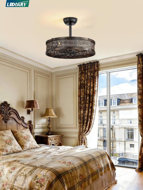 813mWu0Q5xL._AC_SL1500_.jpg windphoto 20" Caged Farmhouse Victorian Ceiling Fan with Light, Black Gold | Downrod, Bladeless Enclosed Fandelier, 6 Speed, Quiet Powerful DC, Rustic,Vintage, Rustic, Small, Bedroom, Kitchen