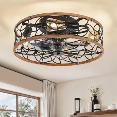 windphoto Caged Ceiling Fan with Light, Flush Mount Fandalier with Remote | Low Profile, Farmhouse Small, Bladeless Industrial, Quiet DC Motor, App Control for Bedroom, Kitchen, Dining Room, Walnut