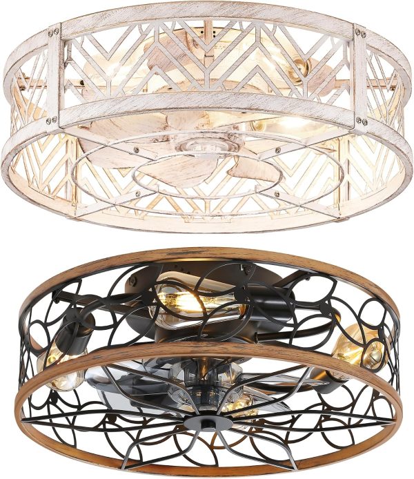 814B3S3GqPL._AC_SL1500_.jpg windphoto Walnut+White Gold Color Caged Ceiling Fans with Lights, White Flush Mount Ceiling Fan with Remote, Small Low Profile Bladeless Ceiling Fan Light Fixture for Bedroom, Kitchen, Dining Room