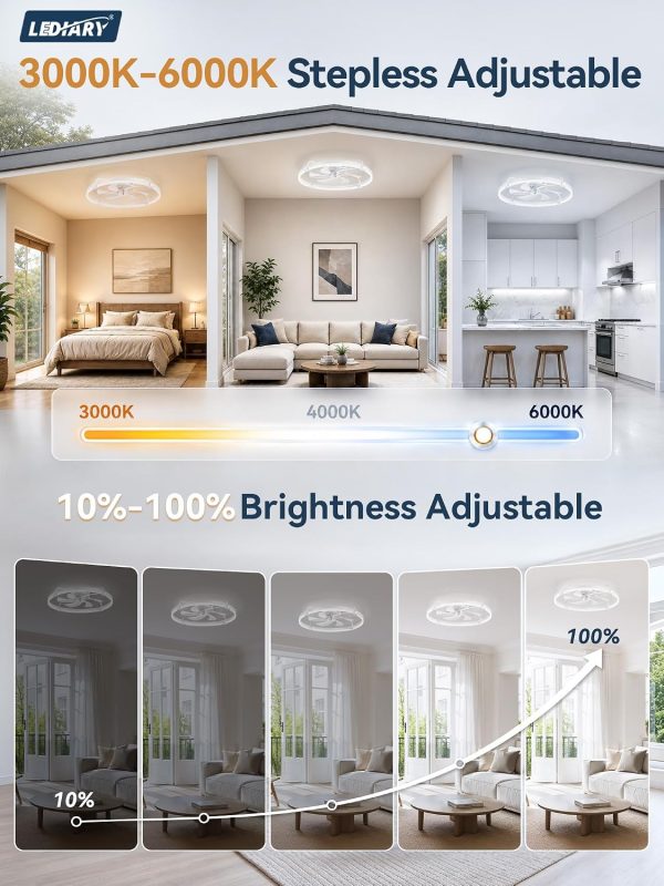 windphoto 26" Low Profile Ceiling Fans with Lights, Remote/APP Control, White | Wider Airflow, Stepless Dimmable LED, Quiet Reversible DC Motor, 6 Speeds, 3CCT, Timer, Bedroom, Living Room, Kitchen