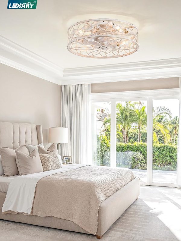 814tQUlCdXL._AC_SL1500_.jpg windphoto 20" Caged Ceiling Fan with Light, Flush Mount Fandalier with Remote | Low Profile, Farmhouse Small, Bladeless Industrial, Quiet DC Motor, App Control for Bedroom, Kitchen, Dining Room, White Gold