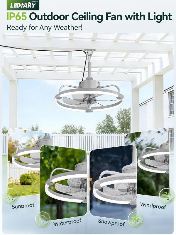 windphoto 20" Waterproof Grey Outdoor Ceiling Fan with Light for Gazebo | IP65 Wet Rated,APP Control,6-Speeds,3CCT Dimmable,Reverse DC Motor,Suitable for 10' x 12' Area,Plug In for Patio,Porch