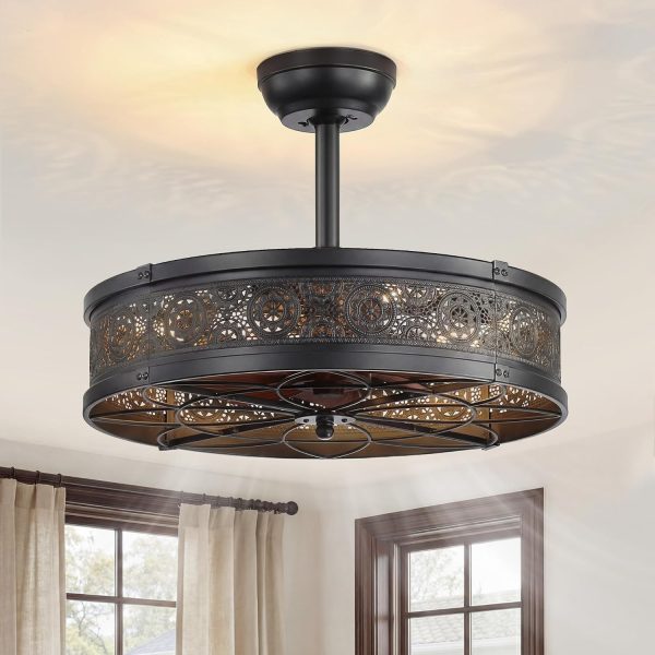 windphoto 20" Caged Farmhouse Victorian Ceiling Fan with Light, Black | Downrod, Bladeless Enclosed Fandelier, 6 Speed, Quiet Powerful DC, Rustic,Vintage, Rustic, Small, Bedroom, Kitchen