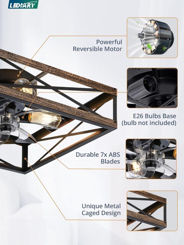 windphoto 20 Caged Low Profile Square Ceiling Fans with Lights and Remote | 6 Speed and Reversible, Small Farmhouse Rustic Bladeless Ceiling Fan Flush Mount for Bedroom, Kitchen, Dining Room