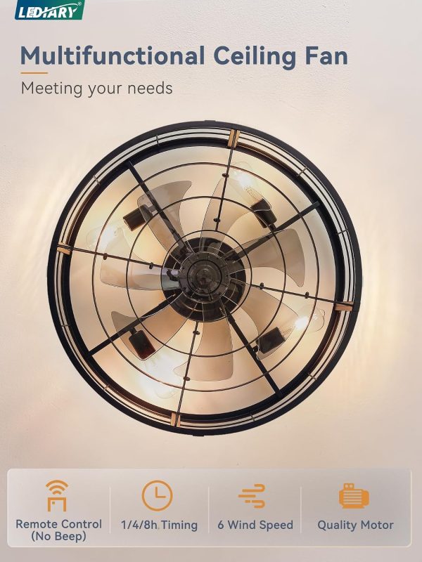 windphoto 26" Black Caged Low Profile Ceiling Fan with Light and Remote | Flush Mount, Bladeless Enclosed Fandelier, 6 Speed, Quiet Powerful DC, Rustic,Farmhouse, Large, Bedroom, Kitchen, Indoor